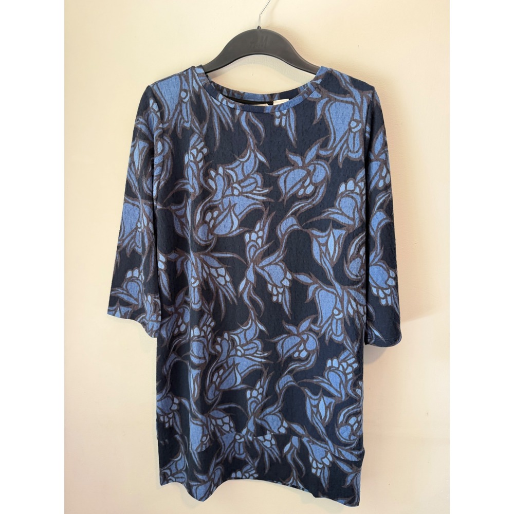 HM Basic Womens Blue Floral Jacquard Shift Dress Cutout Back 3/4 Sleeve Medium